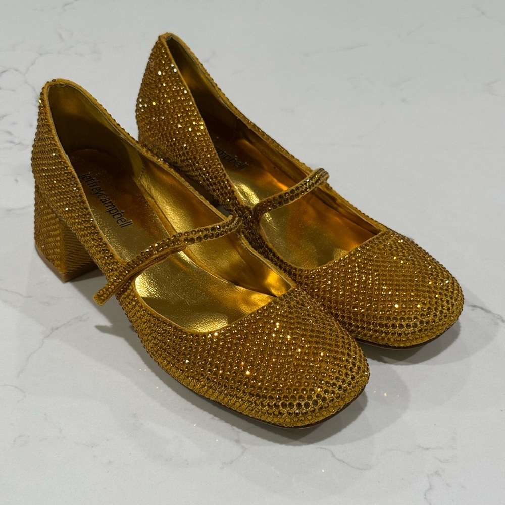 Jeffrey Campbell Regal Mary Jane Gold Rhinestone Block Heel Pumps Size 6 New